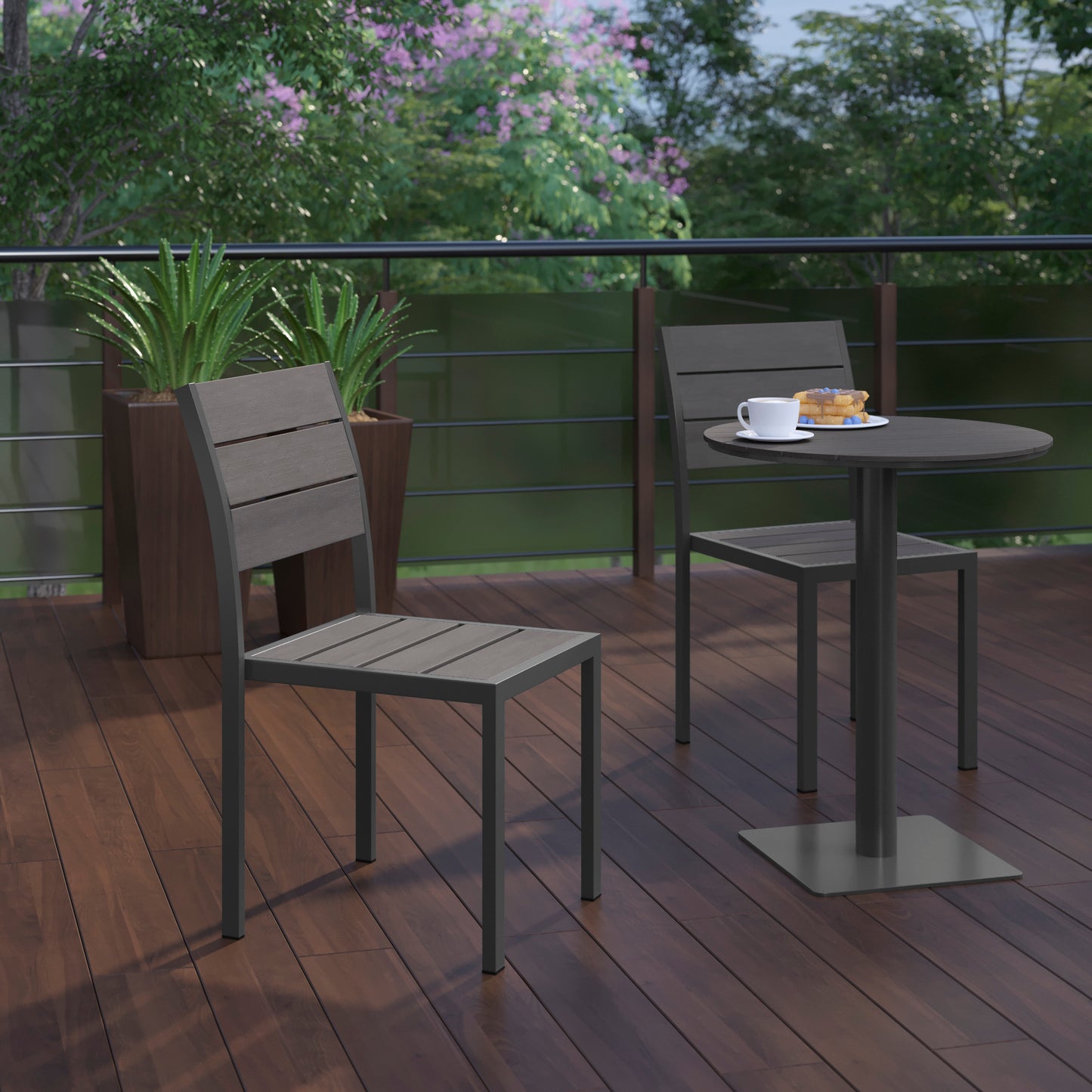 Finch Commercial Grade Armless Patio Chair, Stackable Side Chair with Faux Teak Poly Slats and Metal Frame, Gray/Gray Gray