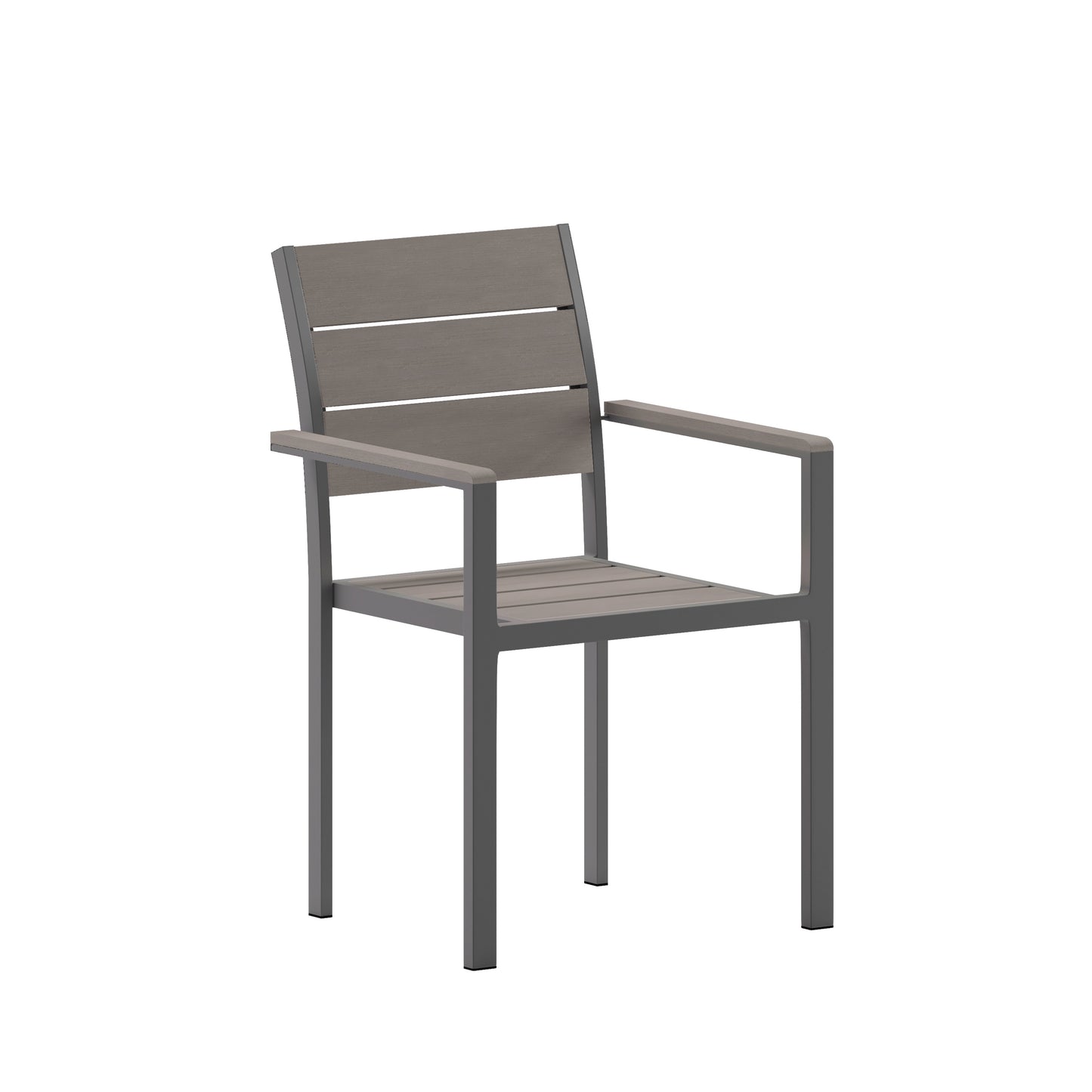 Finch Commercial Grade Patio Chair with Arms, Stackable Side Chair with Faux Teak Poly Slats and Metal Frame, Gray/Gray Gray