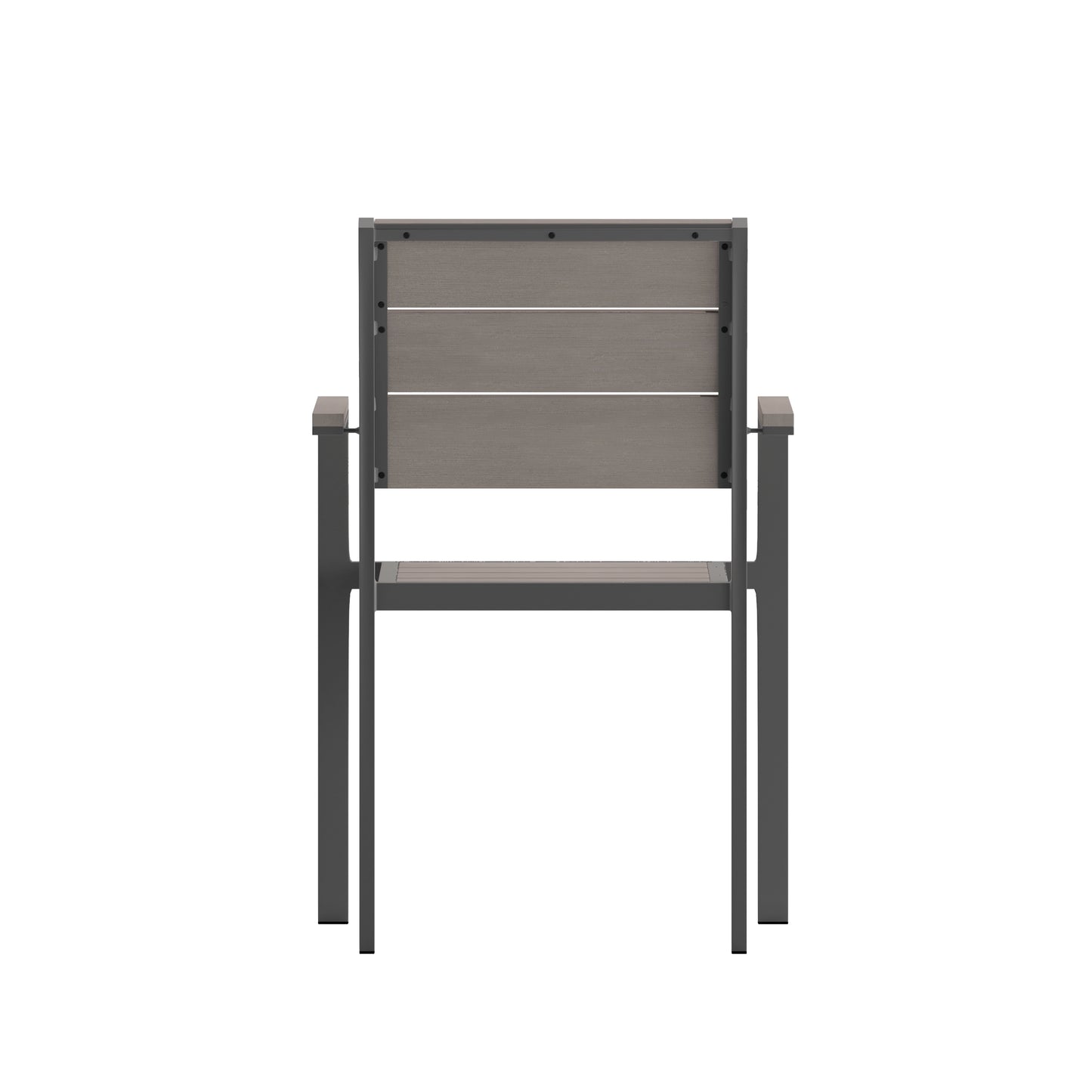 Finch Commercial Grade Patio Chair with Arms, Stackable Side Chair with Faux Teak Poly Slats and Metal Frame, Gray/Gray Gray