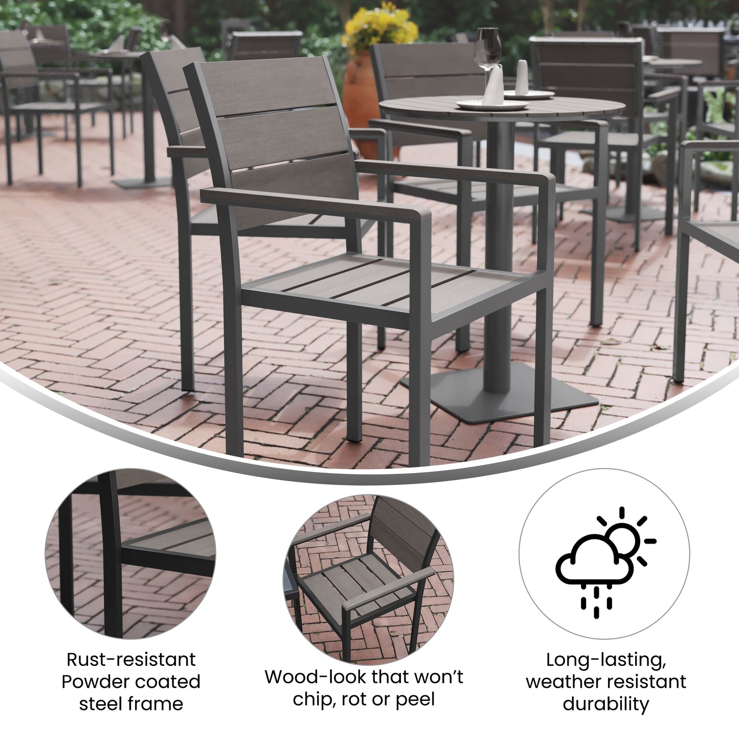 Finch Commercial Grade Patio Chair with Arms, Stackable Side Chair with Faux Teak Poly Slats and Metal Frame, Gray/Gray Gray