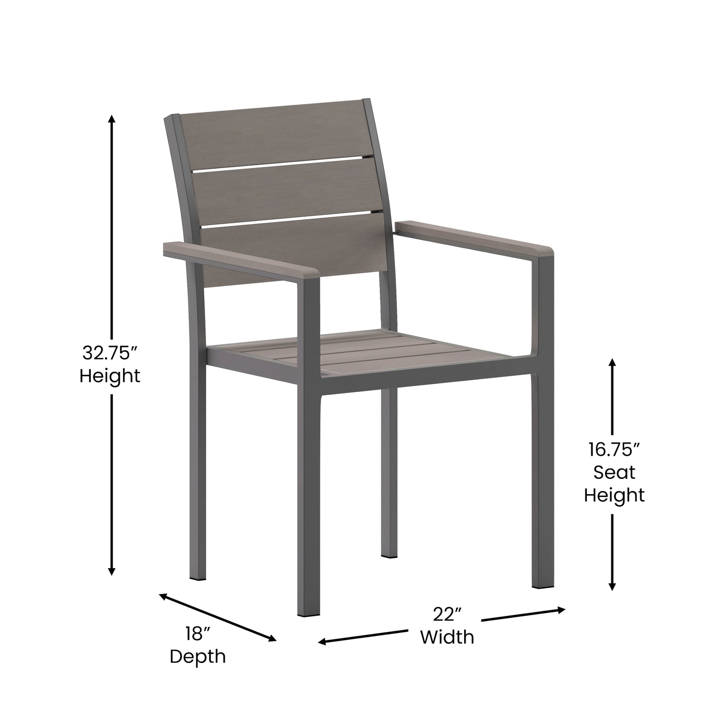 Finch Commercial Grade Patio Chair with Arms, Stackable Side Chair with Faux Teak Poly Slats and Metal Frame, Gray/Gray Gray