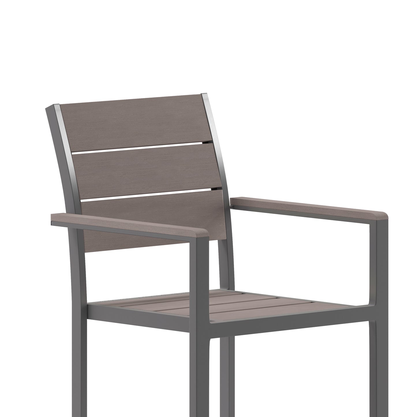 Finch Commercial Grade Patio Chair with Arms, Stackable Side Chair with Faux Teak Poly Slats and Metal Frame, Gray/Gray Gray