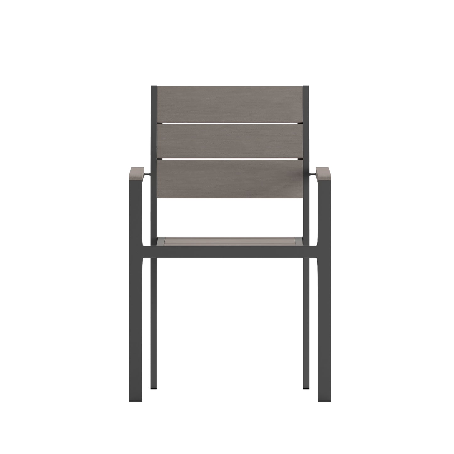 Finch Commercial Grade Patio Chair with Arms, Stackable Side Chair with Faux Teak Poly Slats and Metal Frame, Gray/Gray Gray