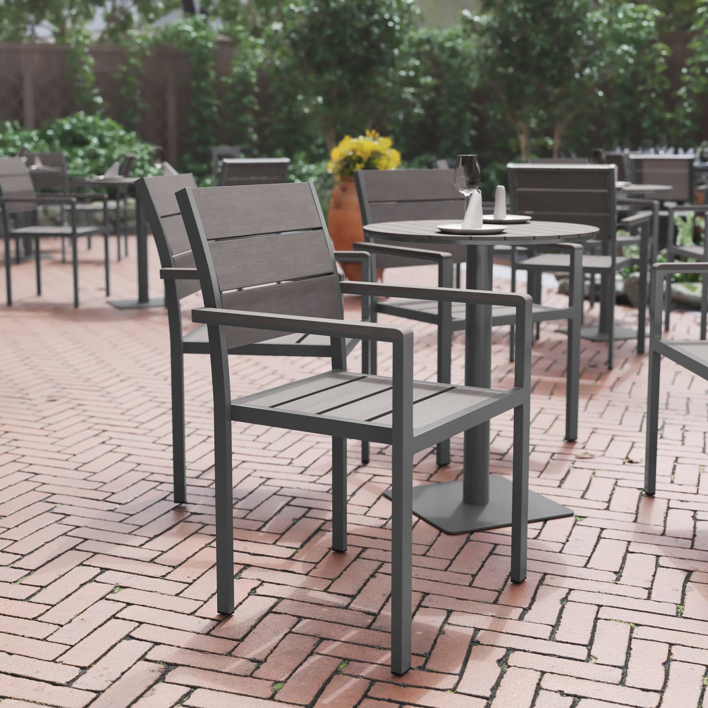 Finch Commercial Grade Patio Chair with Arms, Stackable Side Chair with Faux Teak Poly Slats and Metal Frame, Gray/Gray Gray