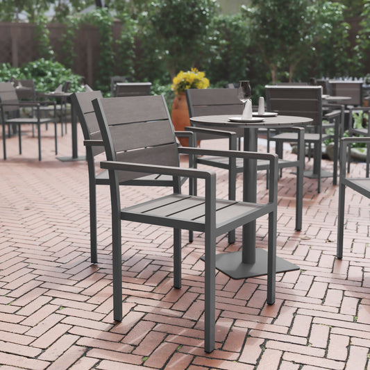 Finch Commercial Grade Patio Chair with Arms, Stackable Side Chair with Faux Teak Poly Slats and Metal Frame, Gray/Gray Gray