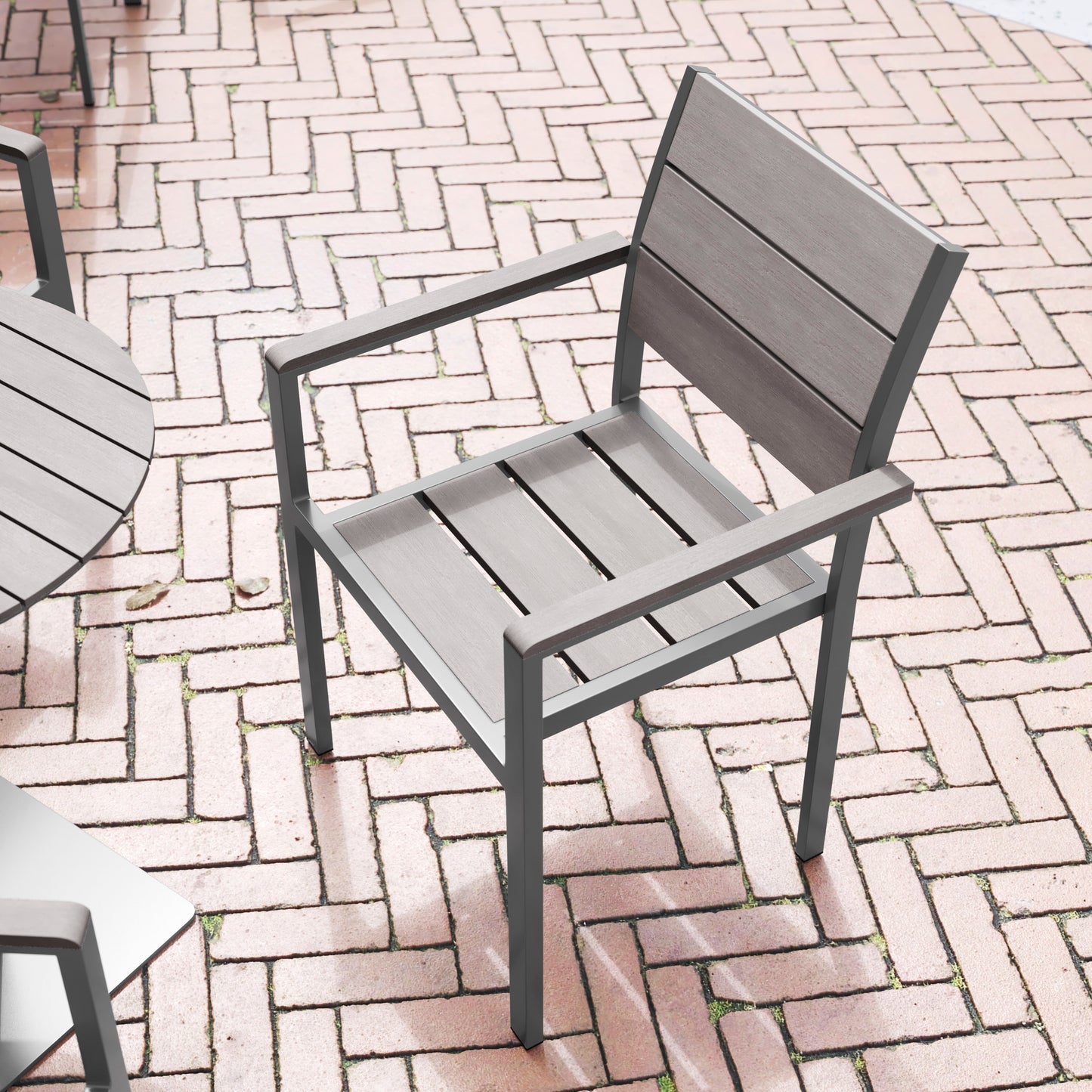 Finch Commercial Grade Patio Chair with Arms, Stackable Side Chair with Faux Teak Poly Slats and Metal Frame, Gray/Gray Gray