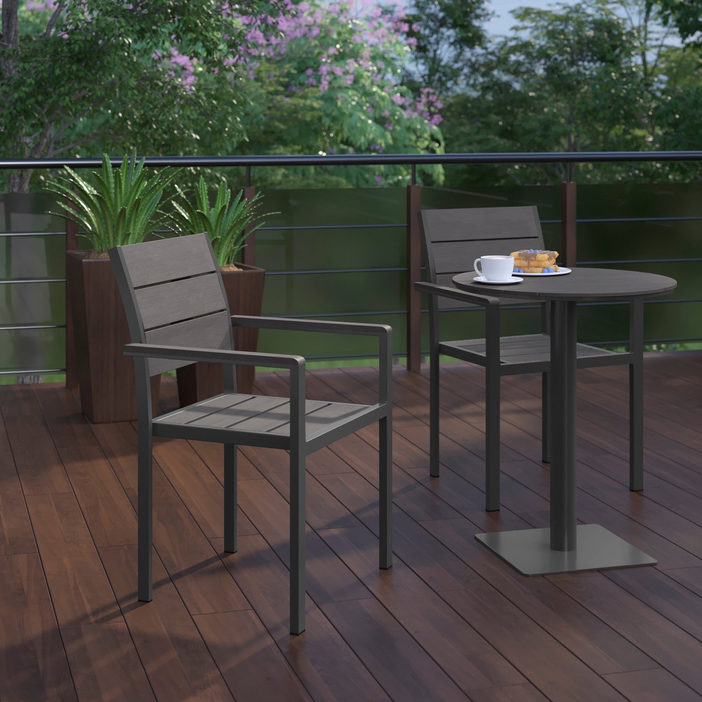 Finch Commercial Grade Patio Chair with Arms, Stackable Side Chair with Faux Teak Poly Slats and Metal Frame, Gray/Gray Gray
