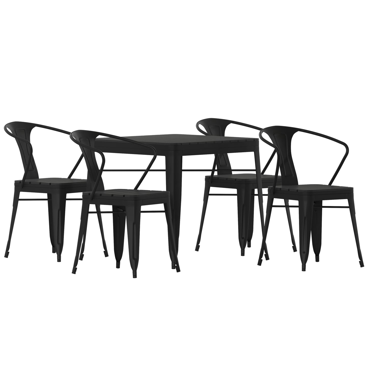 Helvey Commercial 5 Piece Indoor-Outdoor Table and Chairs, 31.5" Square Table with Poly Resin Top, 4 Metal Chairs with Poly Resin Seats, Black Black