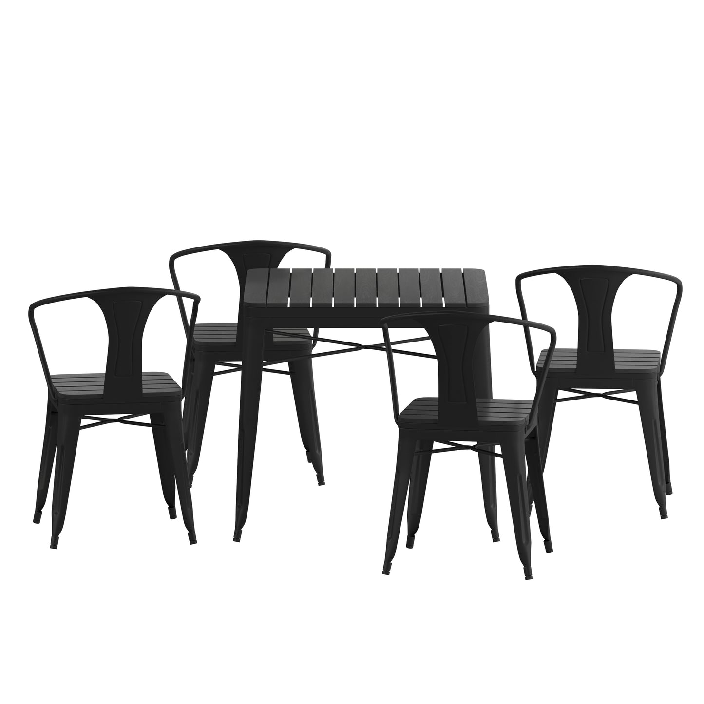 Helvey Commercial 5 Piece Indoor-Outdoor Table and Chairs, 31.5" Square Table with Poly Resin Top, 4 Metal Chairs with Poly Resin Seats, Black Black