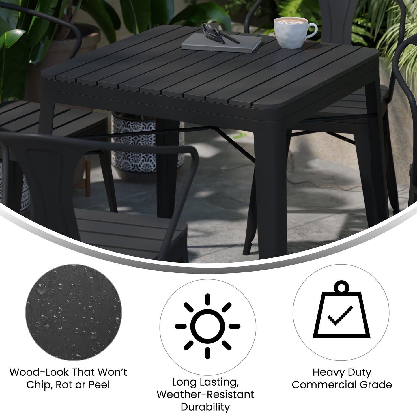 Helvey Commercial 5 Piece Indoor-Outdoor Table and Chairs, 31.5" Square Table with Poly Resin Top, 4 Metal Chairs with Poly Resin Seats, Black Black