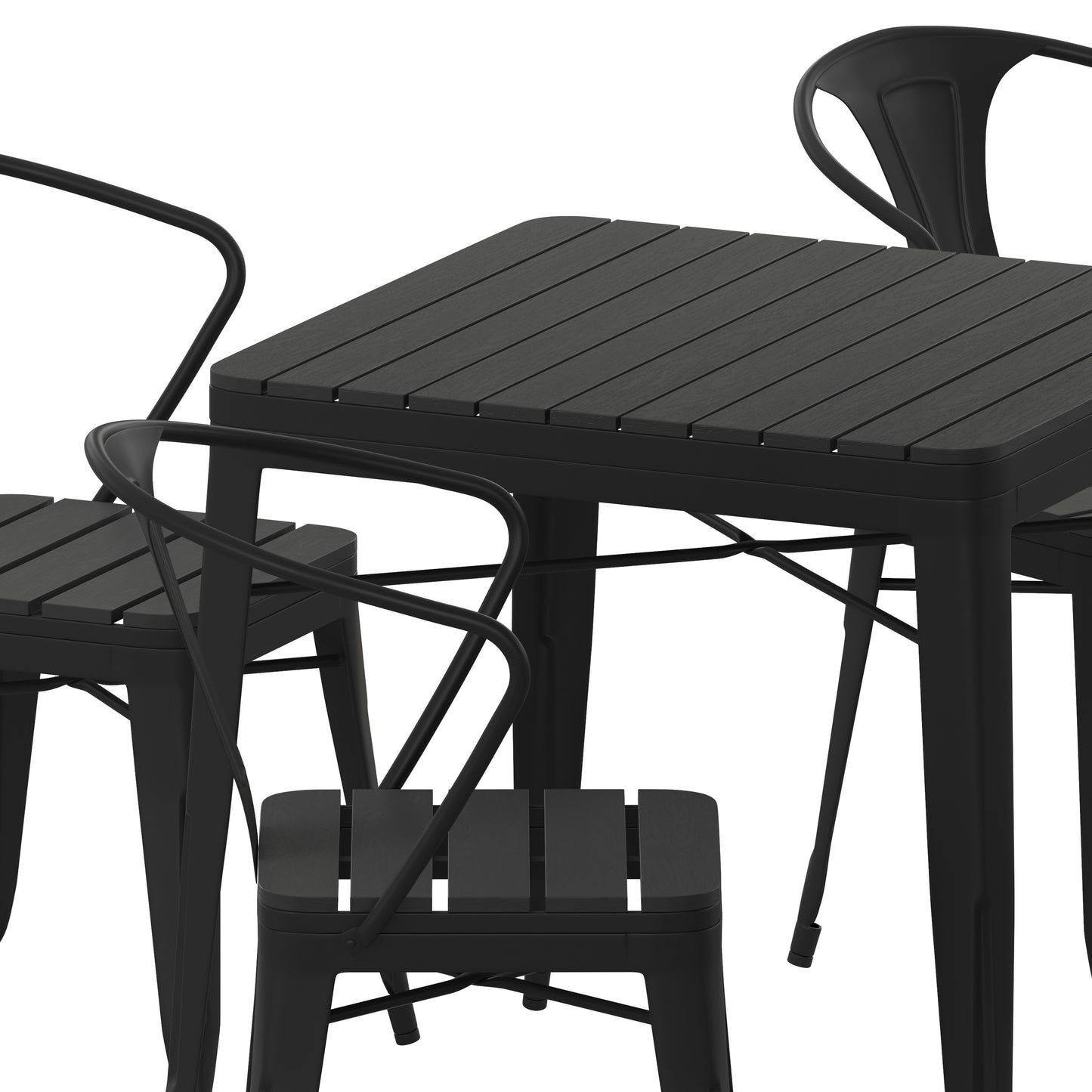 Helvey Commercial 5 Piece Indoor-Outdoor Table and Chairs, 31.5" Square Table with Poly Resin Top, 4 Metal Chairs with Poly Resin Seats, Black Black