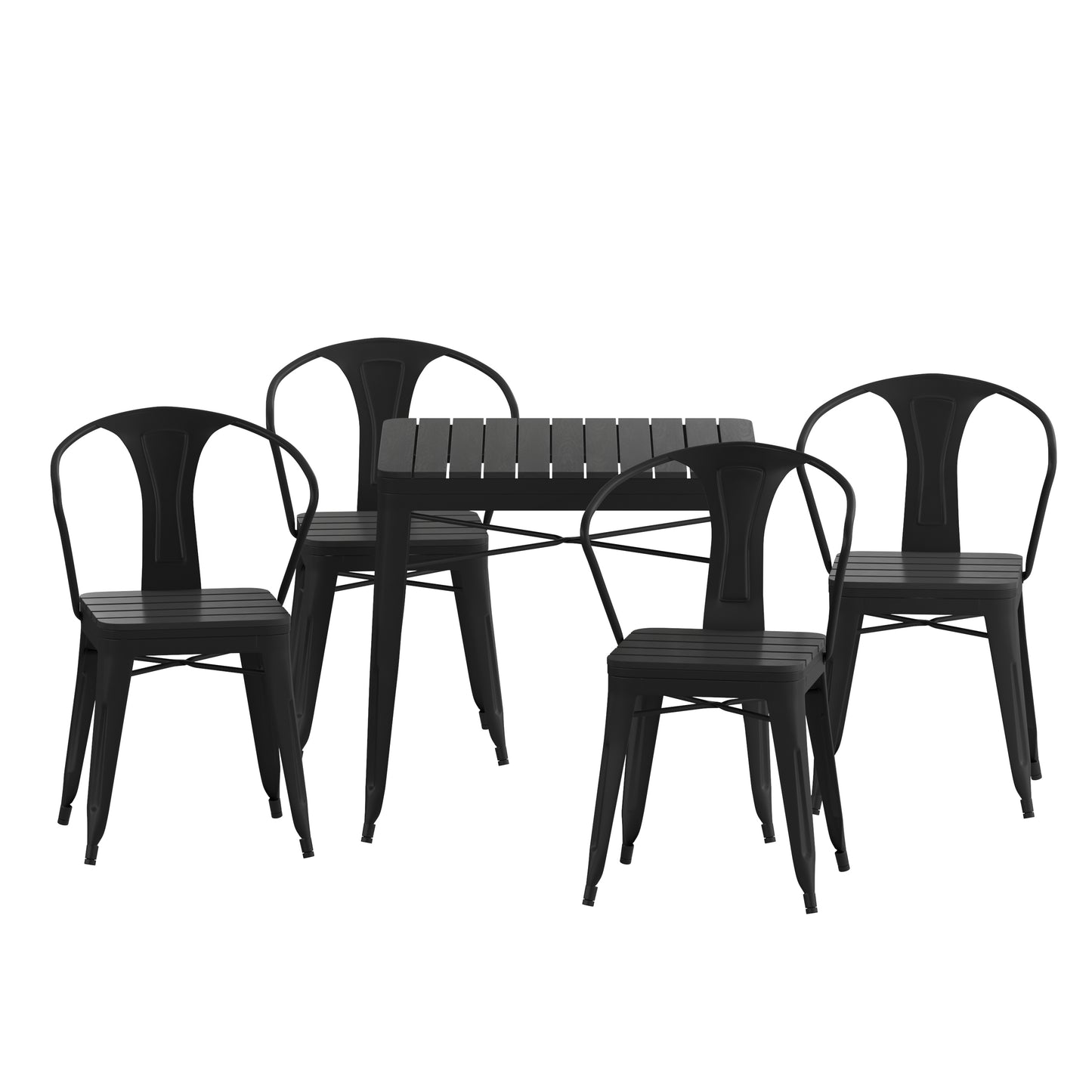 Helvey Commercial 5 Piece Indoor-Outdoor Table and Chairs, 31.5" Square Table with Poly Resin Top, 4 Metal Chairs with Poly Resin Seats, Black Black