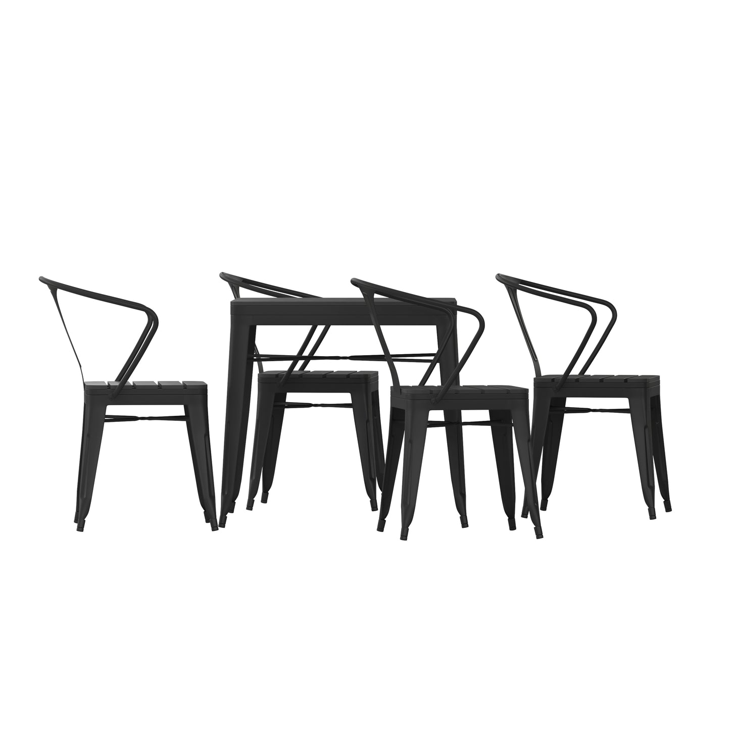 Helvey Commercial 5 Piece Indoor-Outdoor Table and Chairs, 31.5" Square Table with Poly Resin Top, 4 Metal Chairs with Poly Resin Seats, Black Black