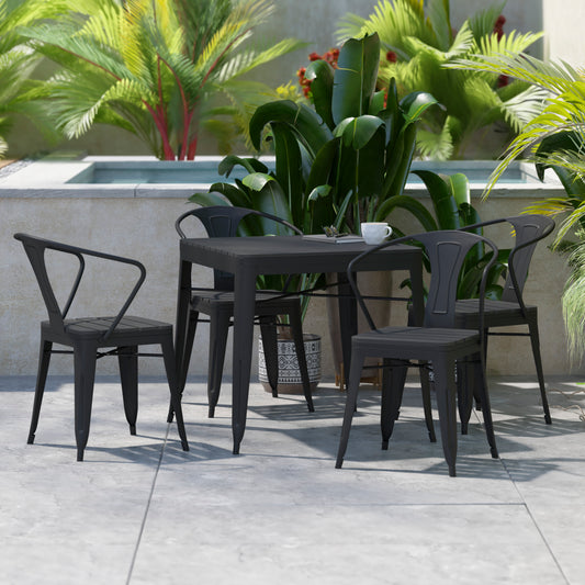 Helvey Commercial 5 Piece Indoor-Outdoor Table and Chairs, 31.5" Square Table with Poly Resin Top, 4 Metal Chairs with Poly Resin Seats, Black Black