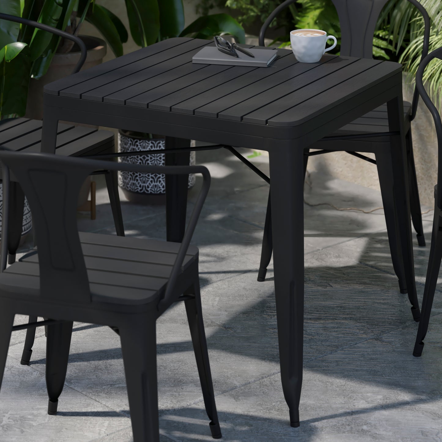 Helvey Commercial 5 Piece Indoor-Outdoor Table and Chairs, 31.5" Square Table with Poly Resin Top, 4 Metal Chairs with Poly Resin Seats, Black Black