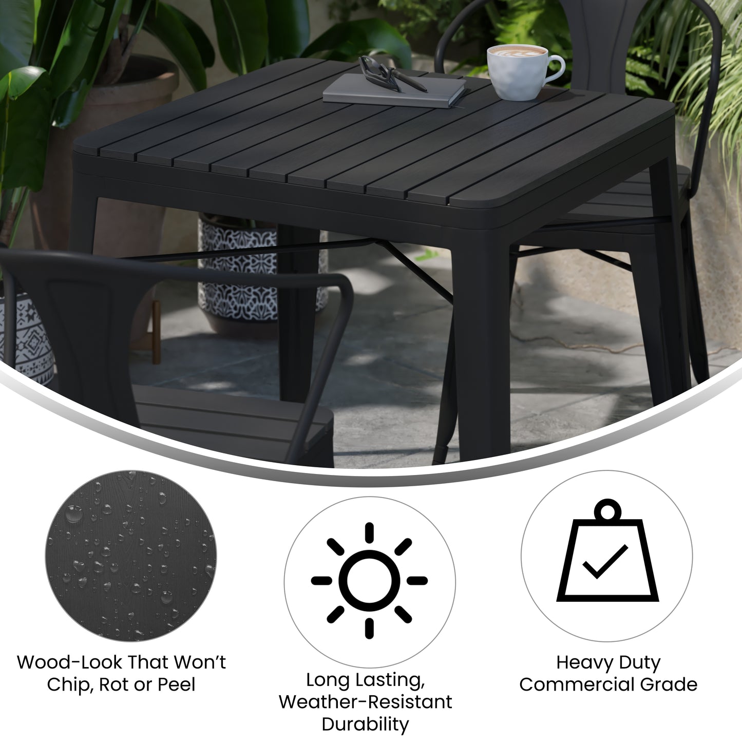 Helvey 31.5" Square Commercial Grade Indoor/Outdoor Black Steel Patio Dining Table for 4 with Black Poly Resin Slatted Top Black Top/Black Frame