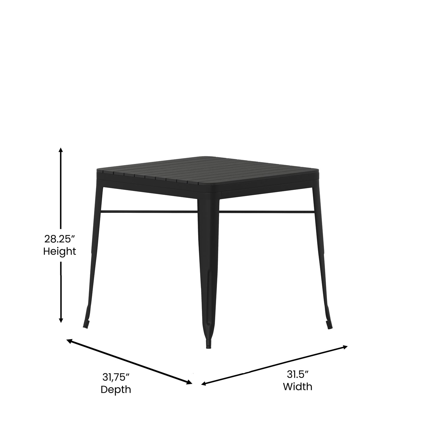 Helvey 31.5" Square Commercial Grade Indoor/Outdoor Black Steel Patio Dining Table for 4 with Black Poly Resin Slatted Top Black Top/Black Frame