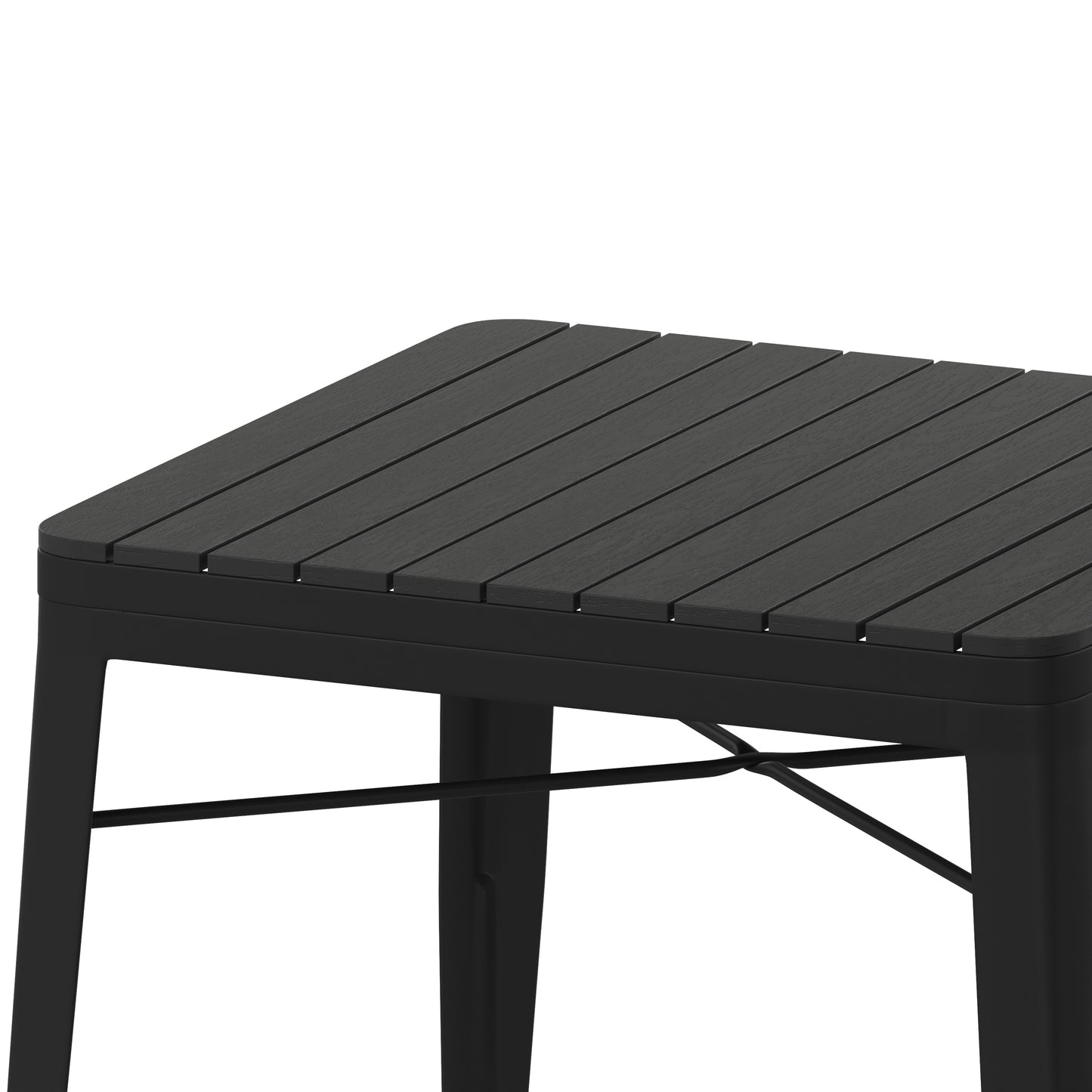 Helvey 31.5" Square Commercial Grade Indoor/Outdoor Black Steel Patio Dining Table for 4 with Black Poly Resin Slatted Top Black Top/Black Frame