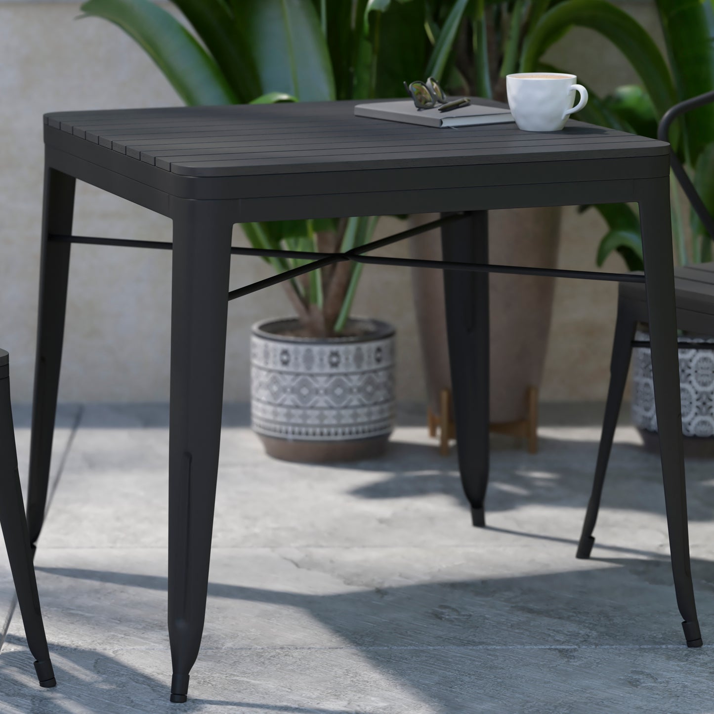 Helvey 31.5" Square Commercial Grade Indoor/Outdoor Black Steel Patio Dining Table for 4 with Black Poly Resin Slatted Top Black Top/Black Frame