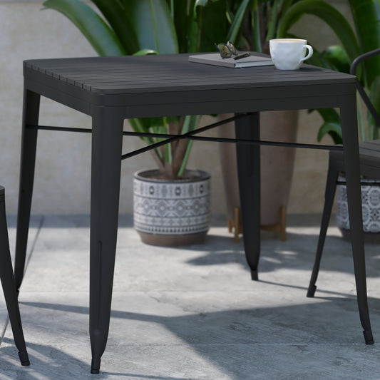 Helvey 31.5" Square Commercial Grade Indoor/Outdoor Black Steel Patio Dining Table for 4 with Black Poly Resin Slatted Top Black Top/Black Frame SB-T11T-BK-GG