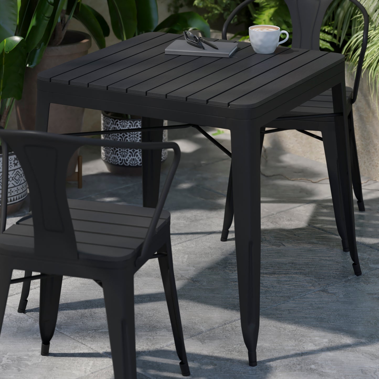Helvey 31.5" Square Commercial Grade Indoor/Outdoor Black Steel Patio Dining Table for 4 with Black Poly Resin Slatted Top Black Top/Black Frame