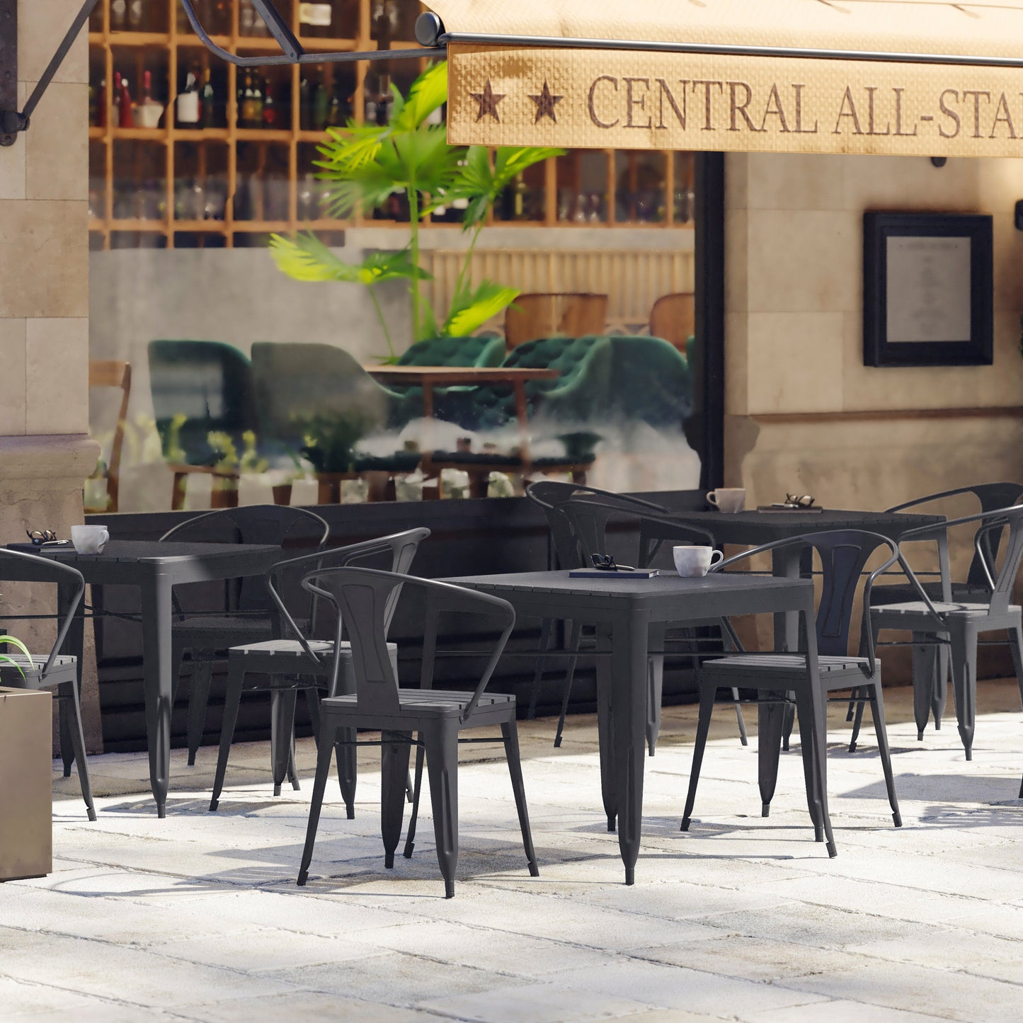 Helvey 31.5" Square Commercial Grade Indoor/Outdoor Black Steel Patio Dining Table for 4 with Black Poly Resin Slatted Top Black Top/Black Frame