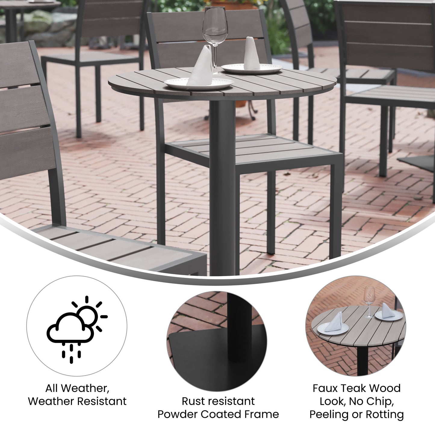 Finch Commercial Grade Round 24" Table with Faux Teak Poly Slats and Steel Frame, Gray/Gray Gray Top/Gray Frame