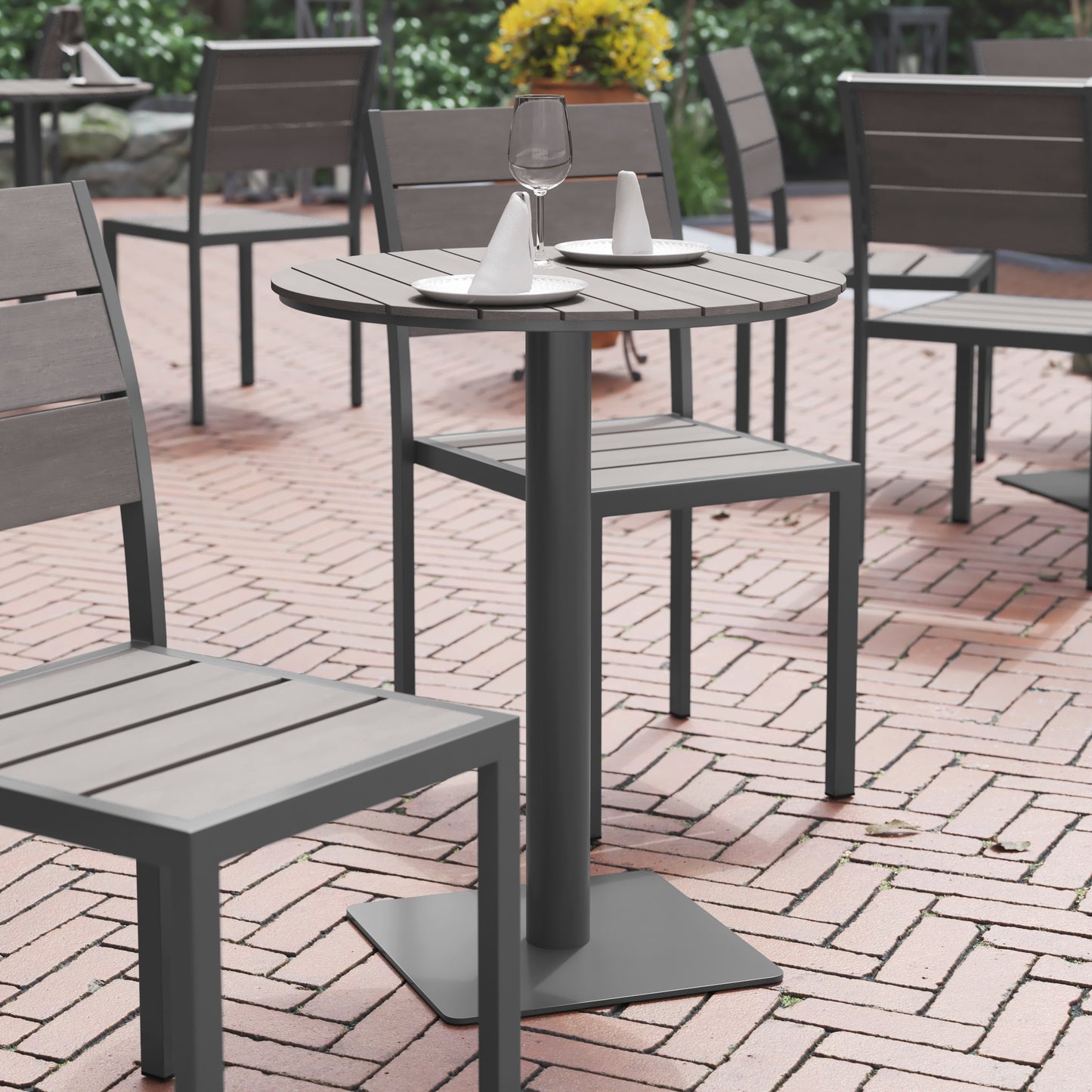 Finch Commercial Grade Round 24" Table with Faux Teak Poly Slats and Steel Frame, Gray/Gray Gray Top/Gray Frame