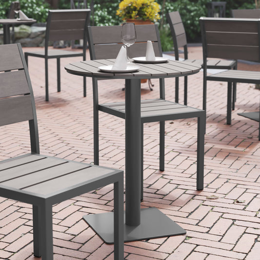 Finch Commercial Grade Round 24" Table with Faux Teak Poly Slats and Steel Frame, Gray/Gray Gray Top/Gray Frame