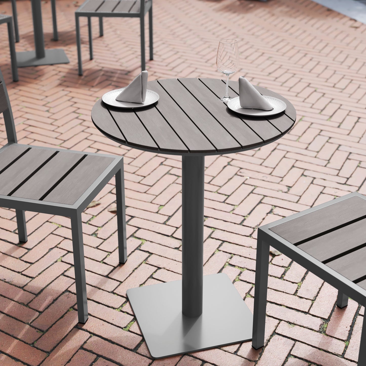 Finch Commercial Grade Round 24" Table with Faux Teak Poly Slats and Steel Frame, Gray/Gray Gray Top/Gray Frame