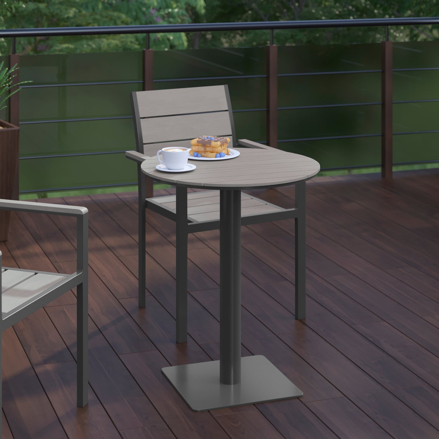 Finch Commercial Grade Round 24" Table with Faux Teak Poly Slats and Steel Frame, Gray/Gray Gray Top/Gray Frame