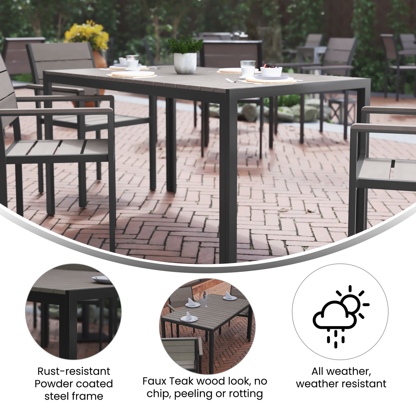 Finch Commercial Grade Outdoor Dining Table 55" x 31" with Faux Teak Poly Slats and Metal Frame, Gray/Gray Gray Top/Gray Frame