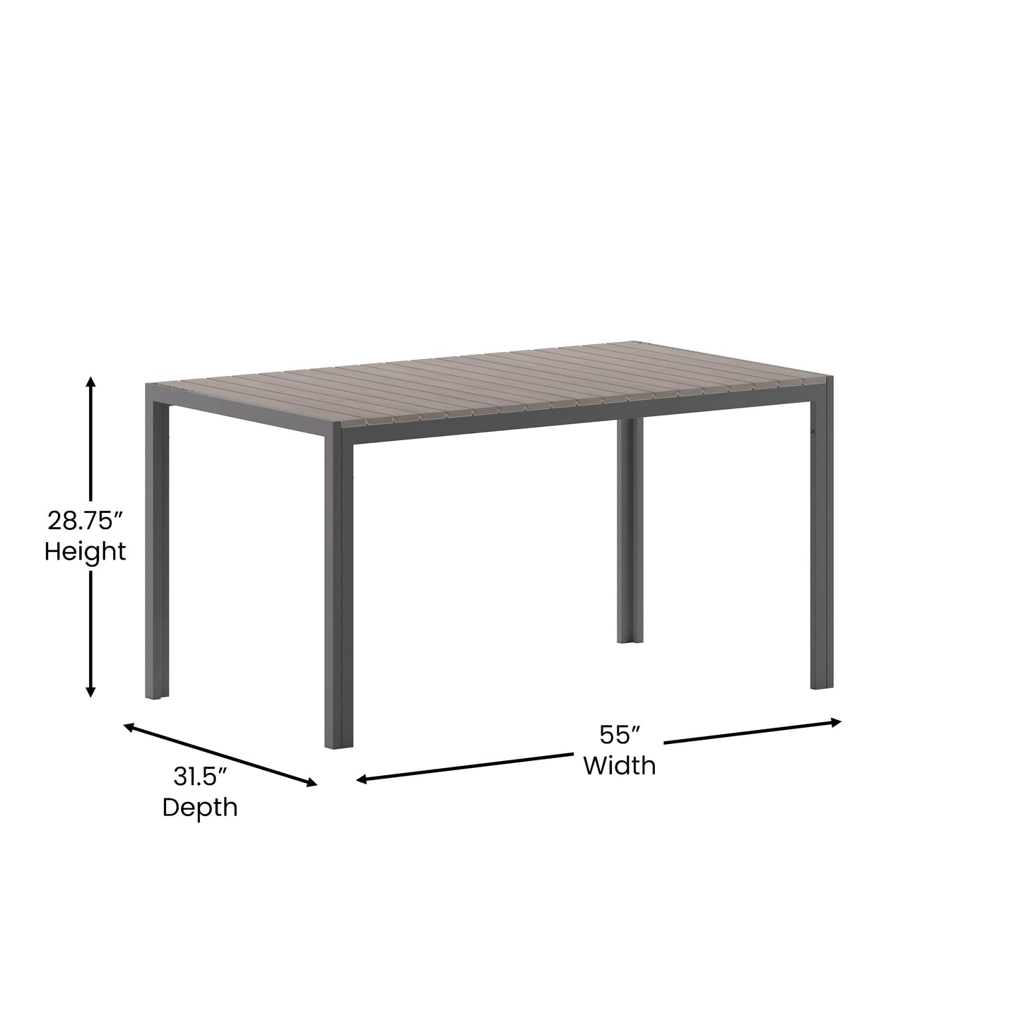 Finch Commercial Grade Outdoor Dining Table 55" x 31" with Faux Teak Poly Slats and Metal Frame, Gray/Gray Gray Top/Gray Frame