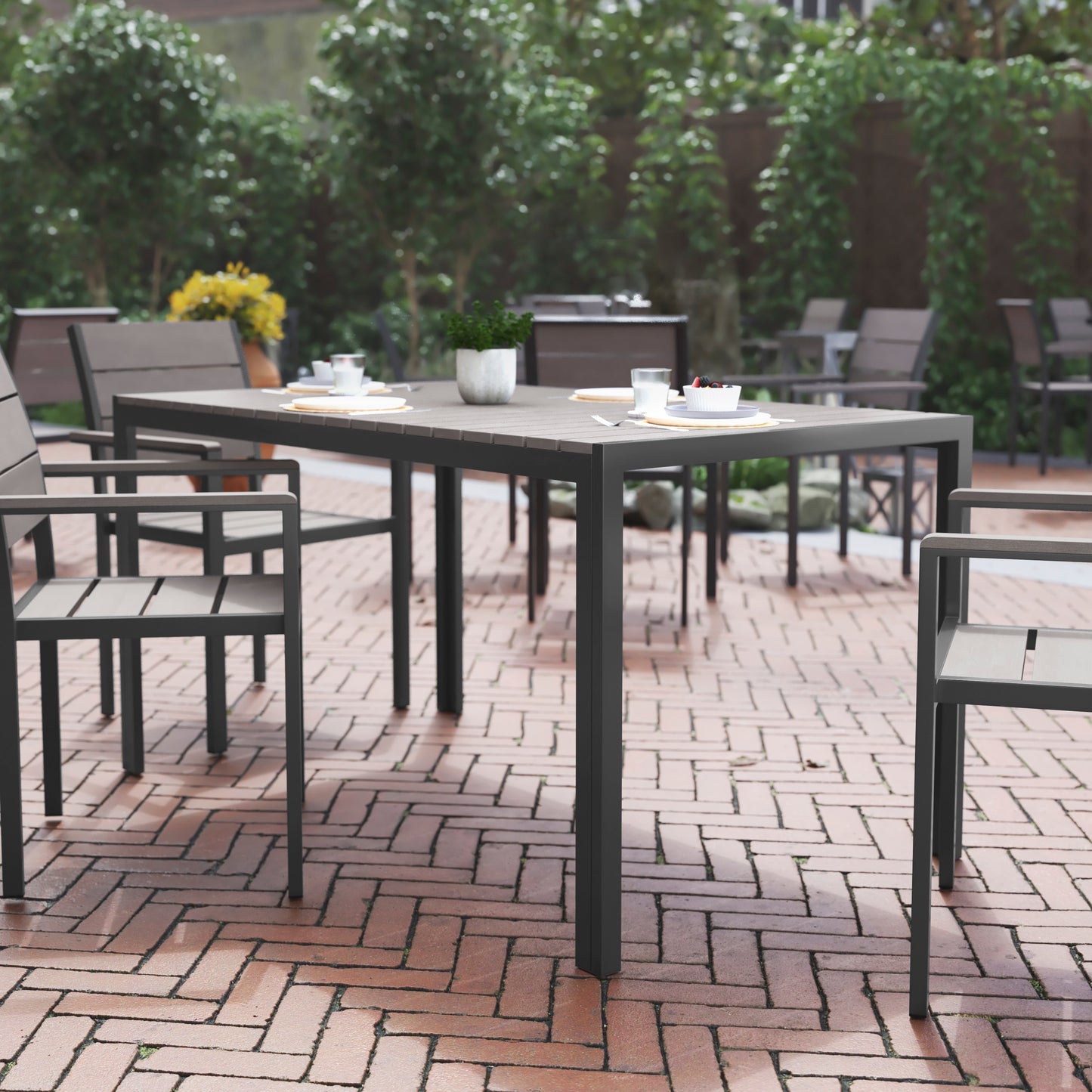 Finch Commercial Grade Outdoor Dining Table 55" x 31" with Faux Teak Poly Slats and Metal Frame, Gray/Gray Gray Top/Gray Frame