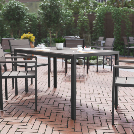 Finch Commercial Grade Outdoor Dining Table 55" x 31" with Faux Teak Poly Slats and Metal Frame, Gray/Gray Gray Top/Gray Frame SB-TB269-GRY-GG