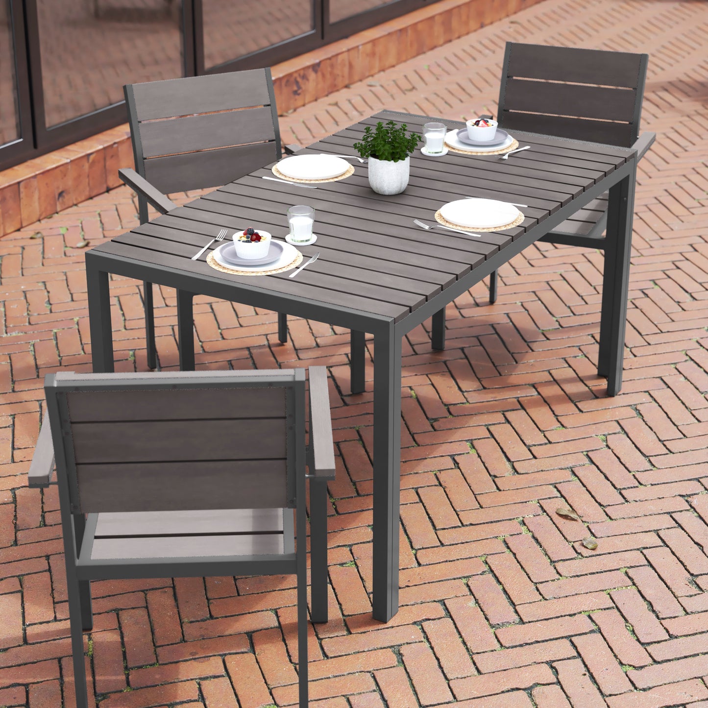 Finch Commercial Grade Outdoor Dining Table 55" x 31" with Faux Teak Poly Slats and Metal Frame, Gray/Gray Gray Top/Gray Frame