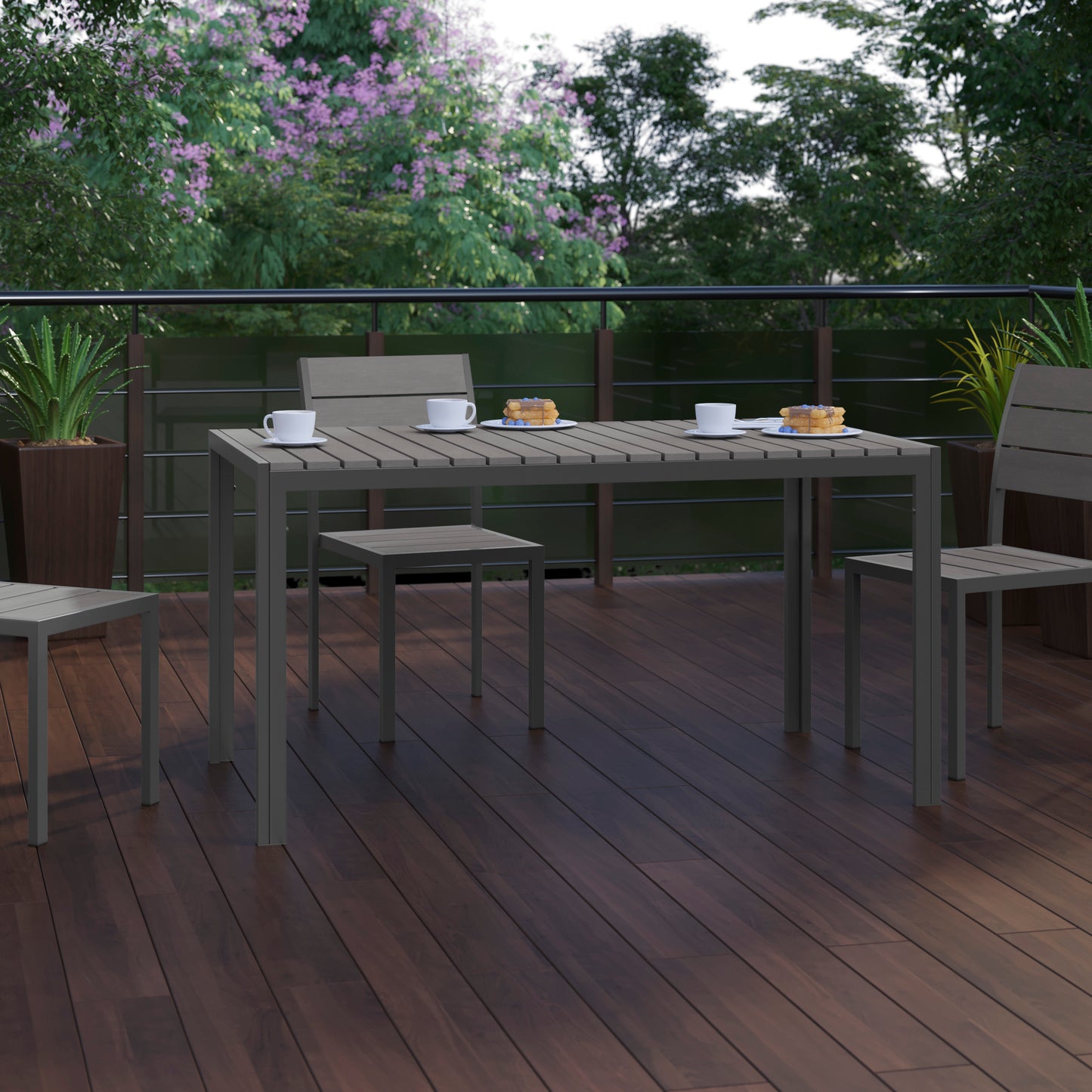 Finch Commercial Grade Outdoor Dining Table 55" x 31" with Faux Teak Poly Slats and Metal Frame, Gray/Gray Gray Top/Gray Frame