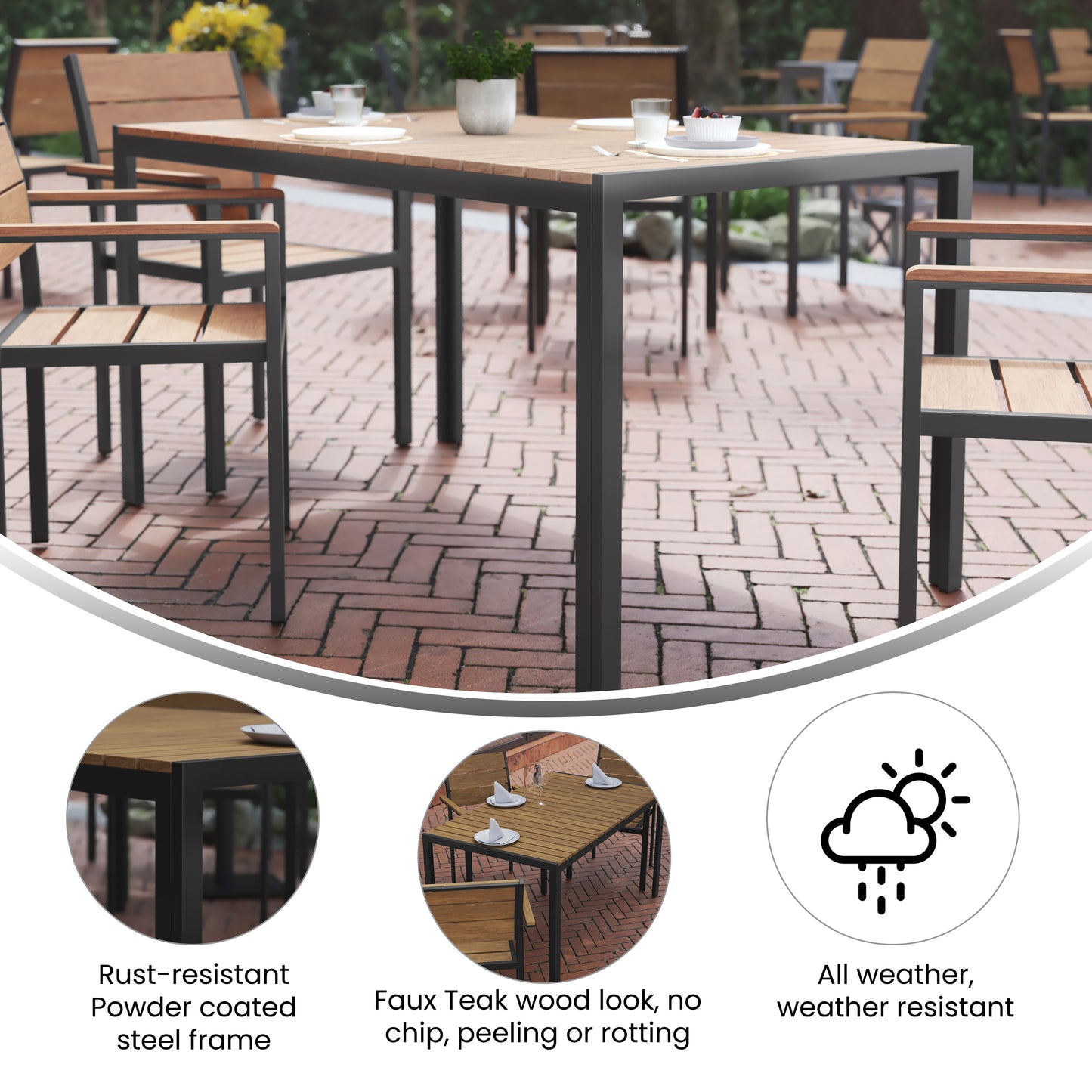 Finch Commercial Grade Outdoor Dining Table 55" x 31" with Faux Teak Poly Slats and Metal Frame, Natural/Gray Natural Top/Gray Frame