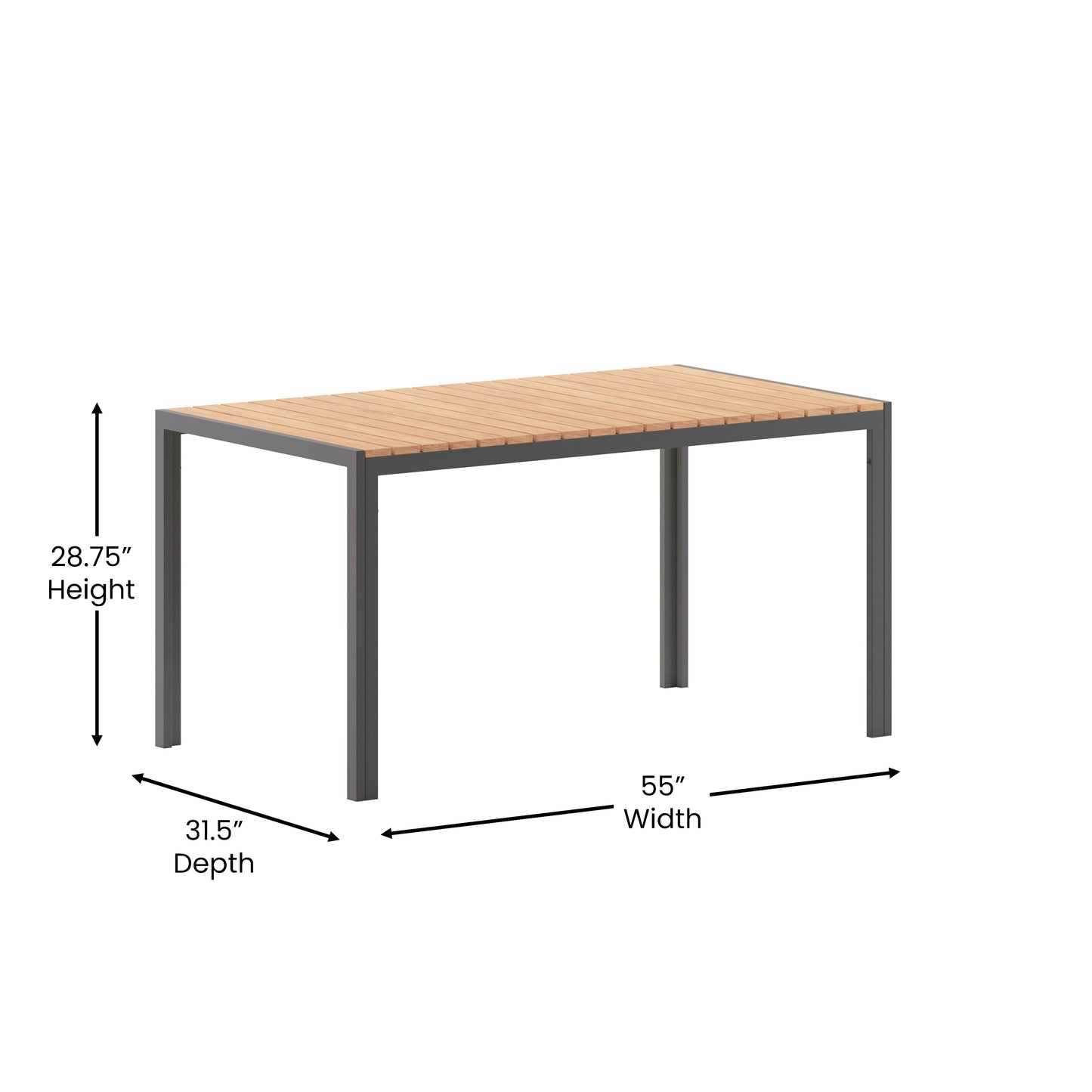 Finch Commercial Grade Outdoor Dining Table 55" x 31" with Faux Teak Poly Slats and Metal Frame, Natural/Gray Natural Top/Gray Frame