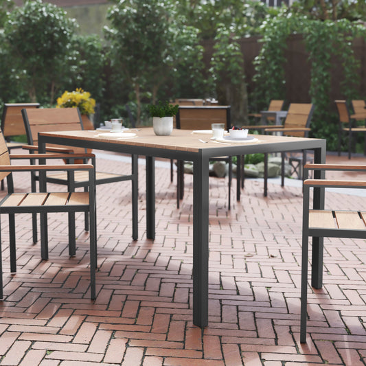 Finch Commercial Grade Outdoor Dining Table 55" x 31" with Faux Teak Poly Slats and Metal Frame, Natural/Gray Natural Top/Gray Frame SB-TB269-NAT-GG