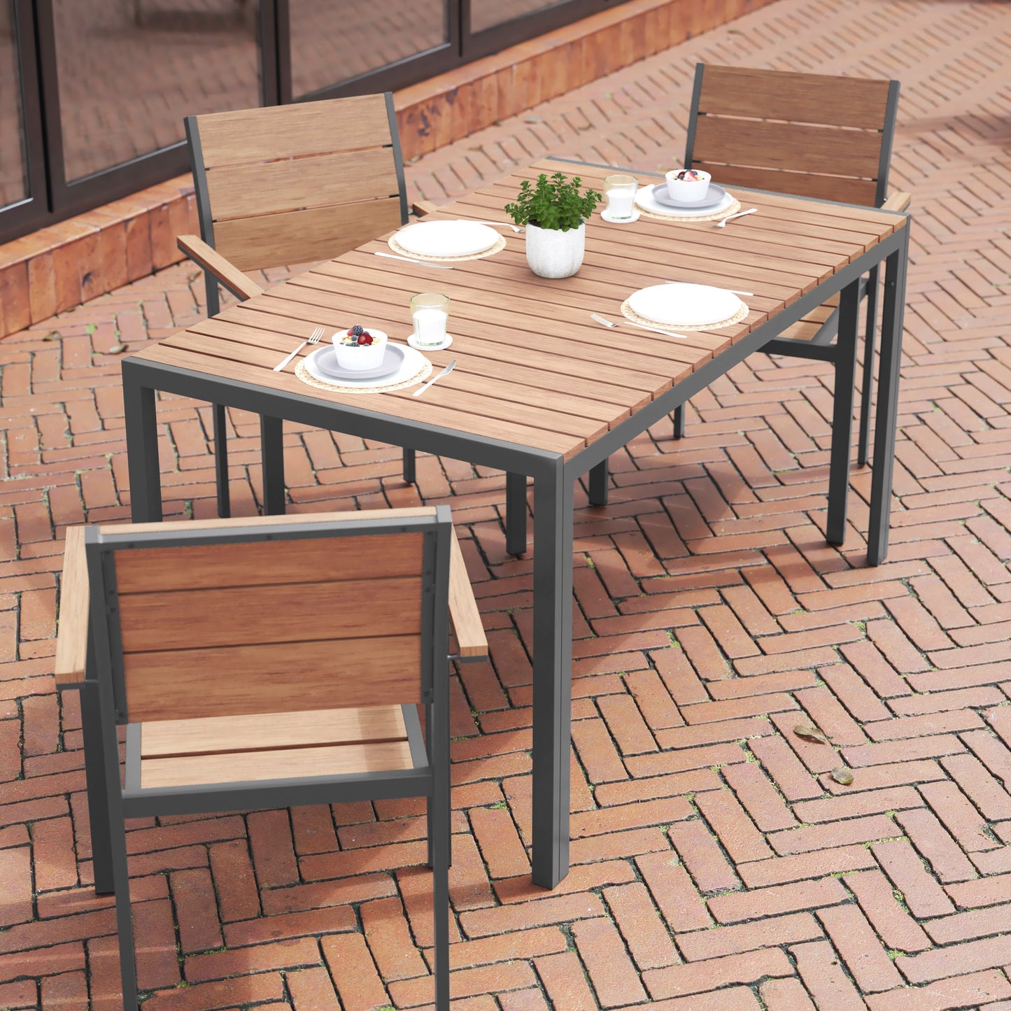 Finch Commercial Grade Outdoor Dining Table 55" x 31" with Faux Teak Poly Slats and Metal Frame, Natural/Gray Natural Top/Gray Frame