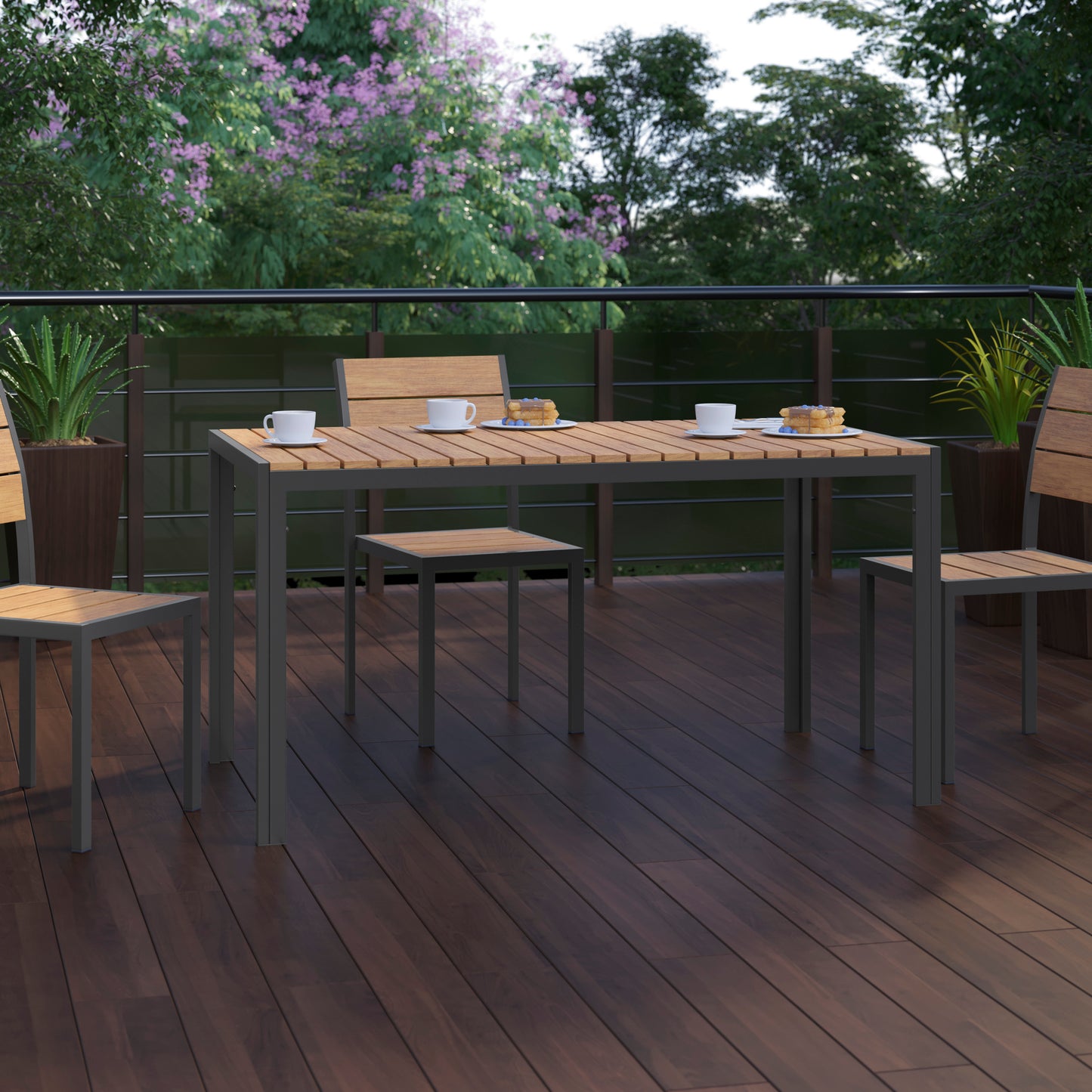 Finch Commercial Grade Outdoor Dining Table 55" x 31" with Faux Teak Poly Slats and Metal Frame, Natural/Gray Natural Top/Gray Frame