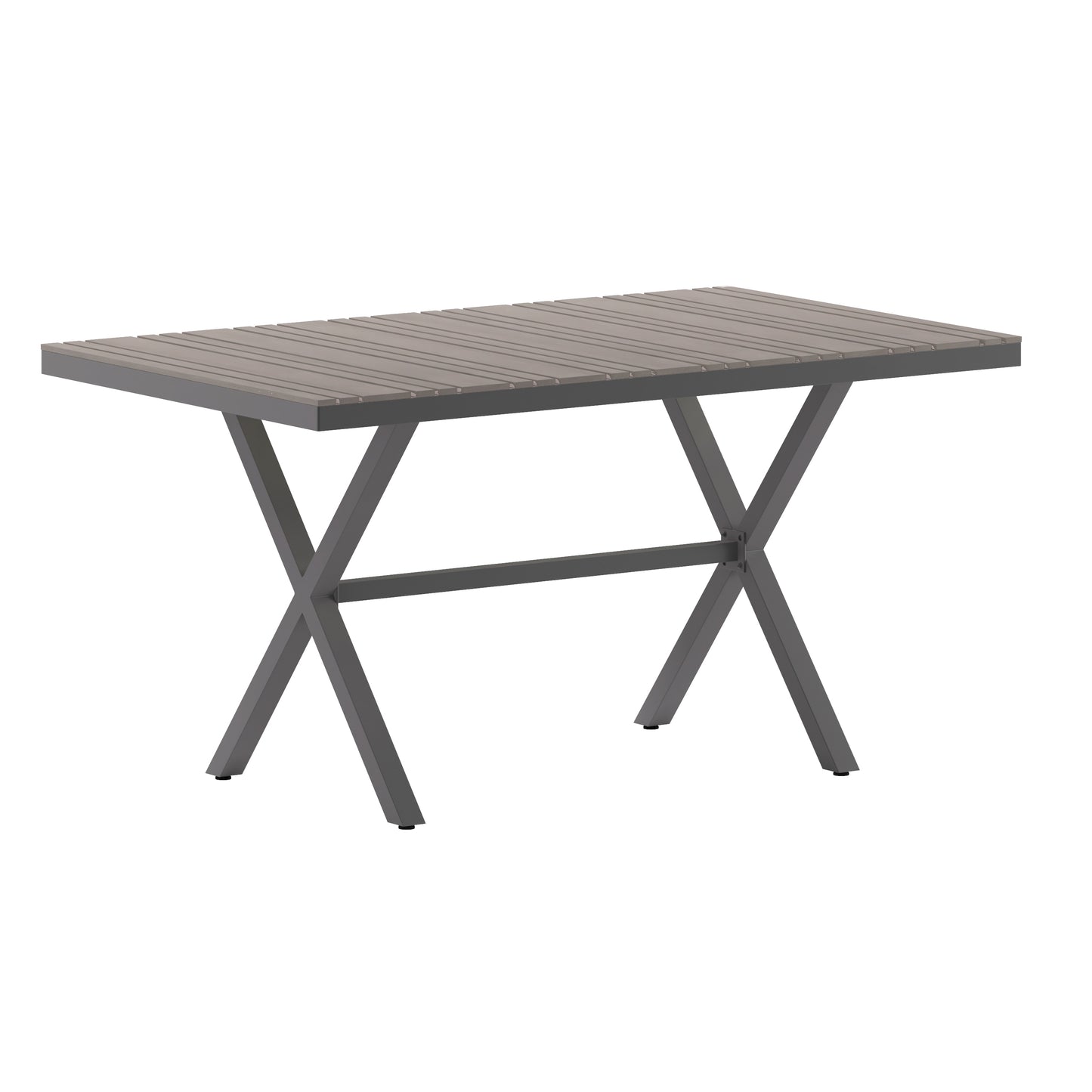 Finch Commercial Grade X-Frame Outdoor Dining Table 59" x 35.5" with Faux Teak Poly Slats and Metal Frame, Gray/Gray Gray Top/Gray Frame