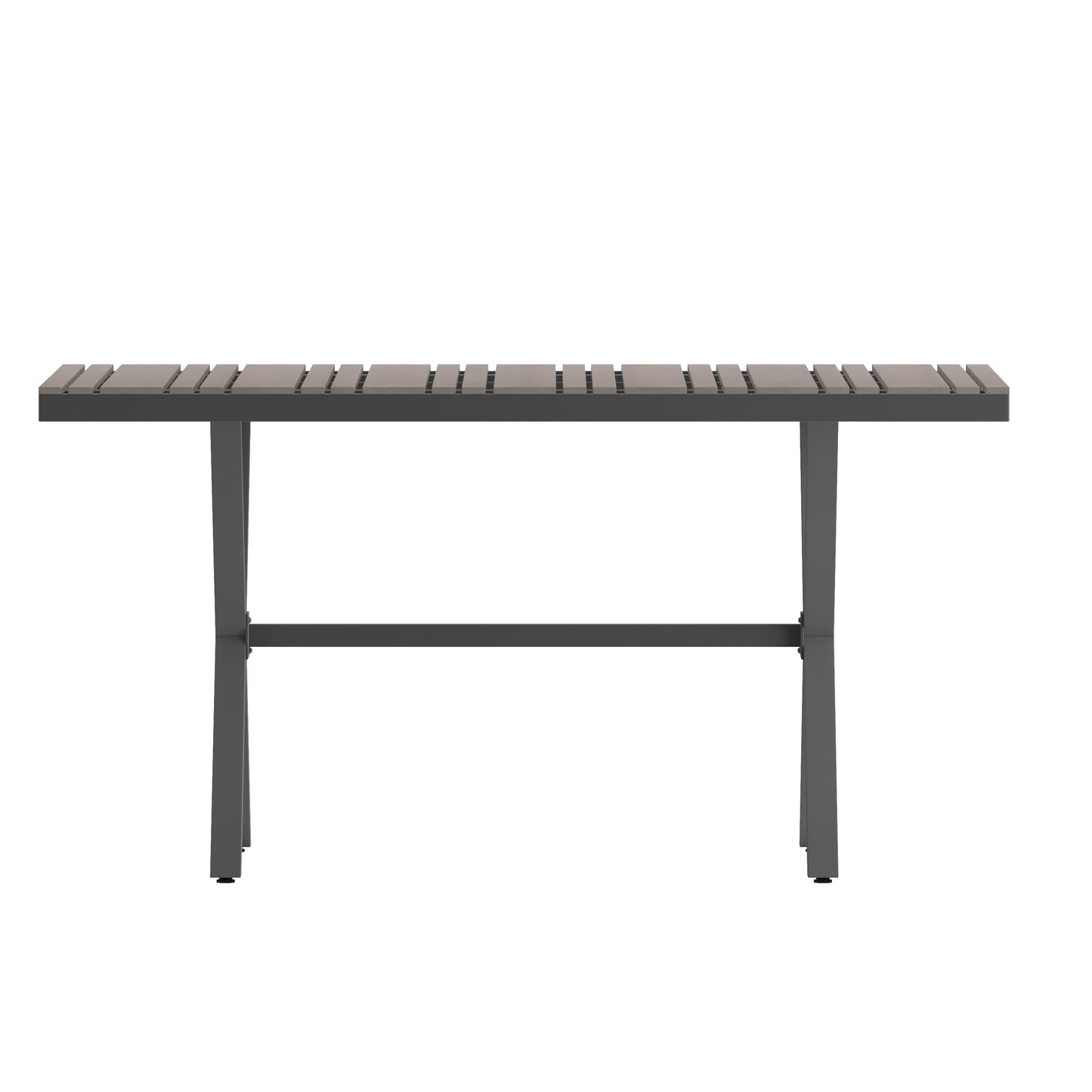 Finch Commercial Grade X-Frame Outdoor Dining Table 59" x 35.5" with Faux Teak Poly Slats and Metal Frame, Gray/Gray Gray Top/Gray Frame