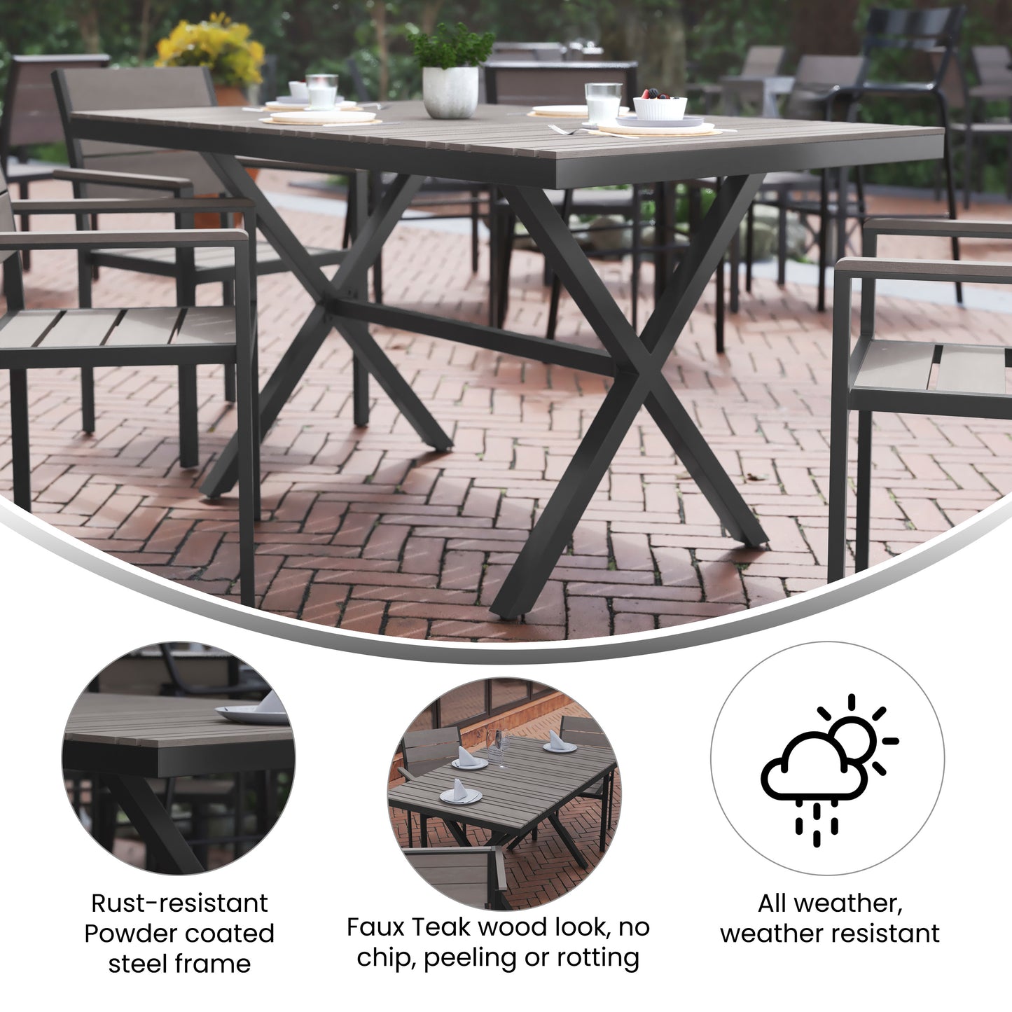 Finch Commercial Grade X-Frame Outdoor Dining Table 59" x 35.5" with Faux Teak Poly Slats and Metal Frame, Gray/Gray Gray Top/Gray Frame