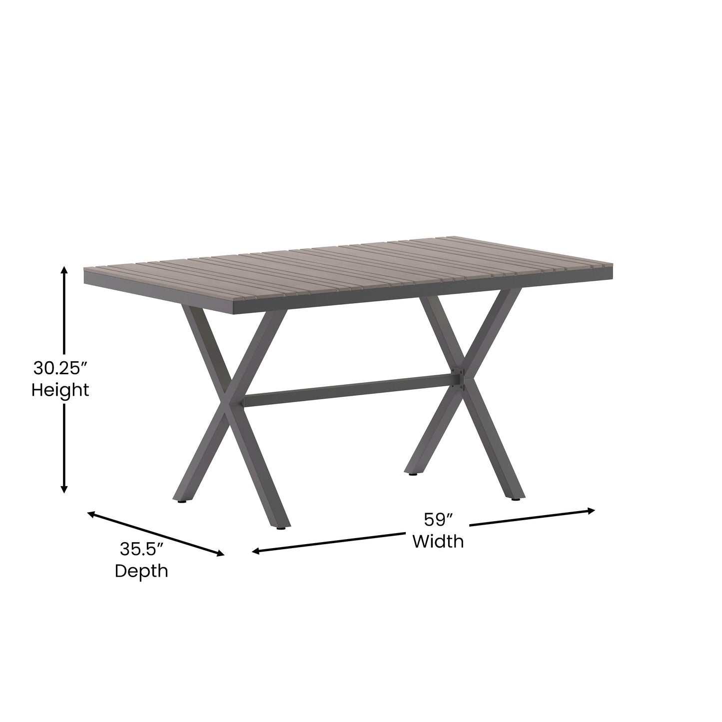 Finch Commercial Grade X-Frame Outdoor Dining Table 59" x 35.5" with Faux Teak Poly Slats and Metal Frame, Gray/Gray Gray Top/Gray Frame