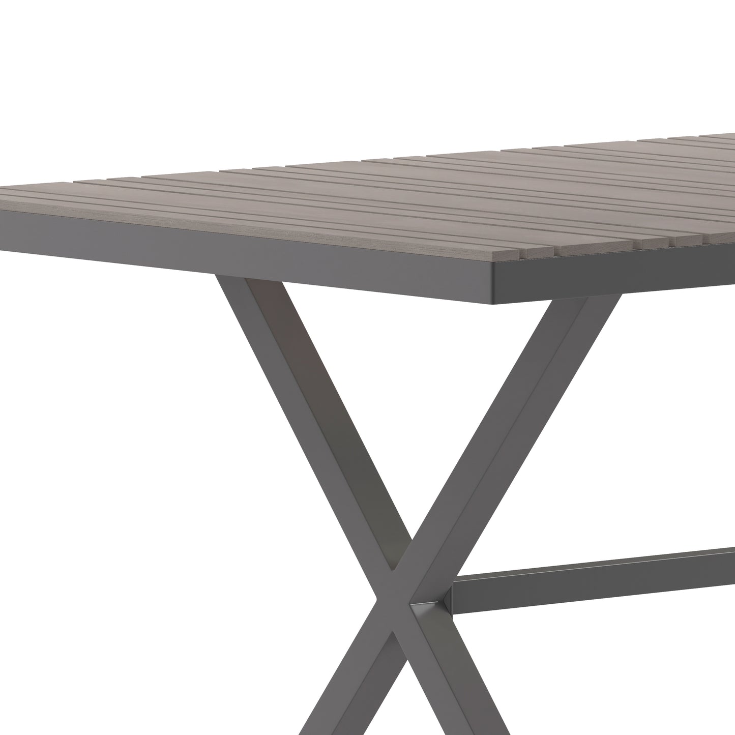 Finch Commercial Grade X-Frame Outdoor Dining Table 59" x 35.5" with Faux Teak Poly Slats and Metal Frame, Gray/Gray Gray Top/Gray Frame