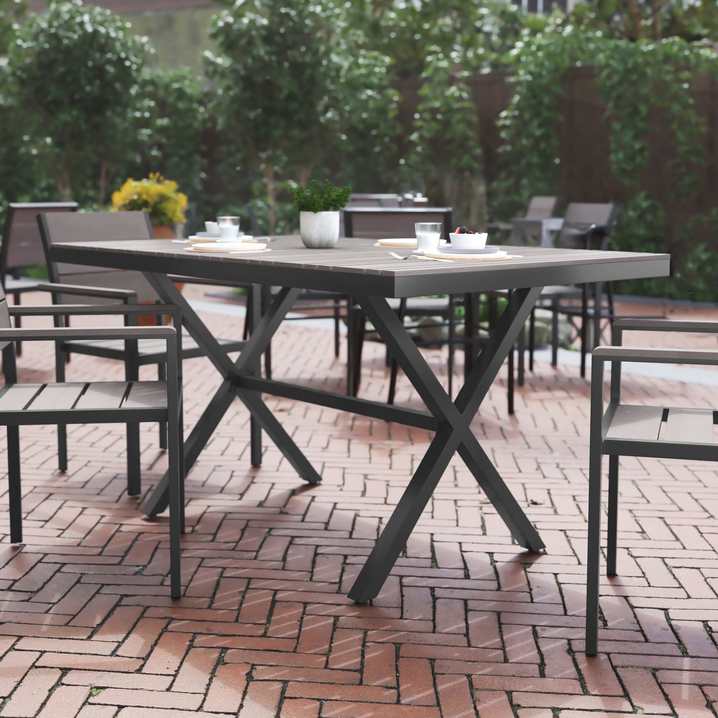 Finch Commercial Grade X-Frame Outdoor Dining Table 59" x 35.5" with Faux Teak Poly Slats and Metal Frame, Gray/Gray Gray Top/Gray Frame
