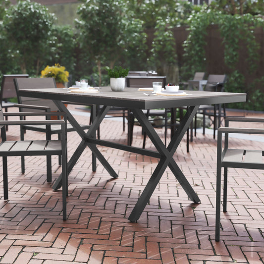 Finch Commercial Grade X-Frame Outdoor Dining Table 59" x 35.5" with Faux Teak Poly Slats and Metal Frame, Gray/Gray Gray Top/Gray Frame SB-TB288-GRY-GG
