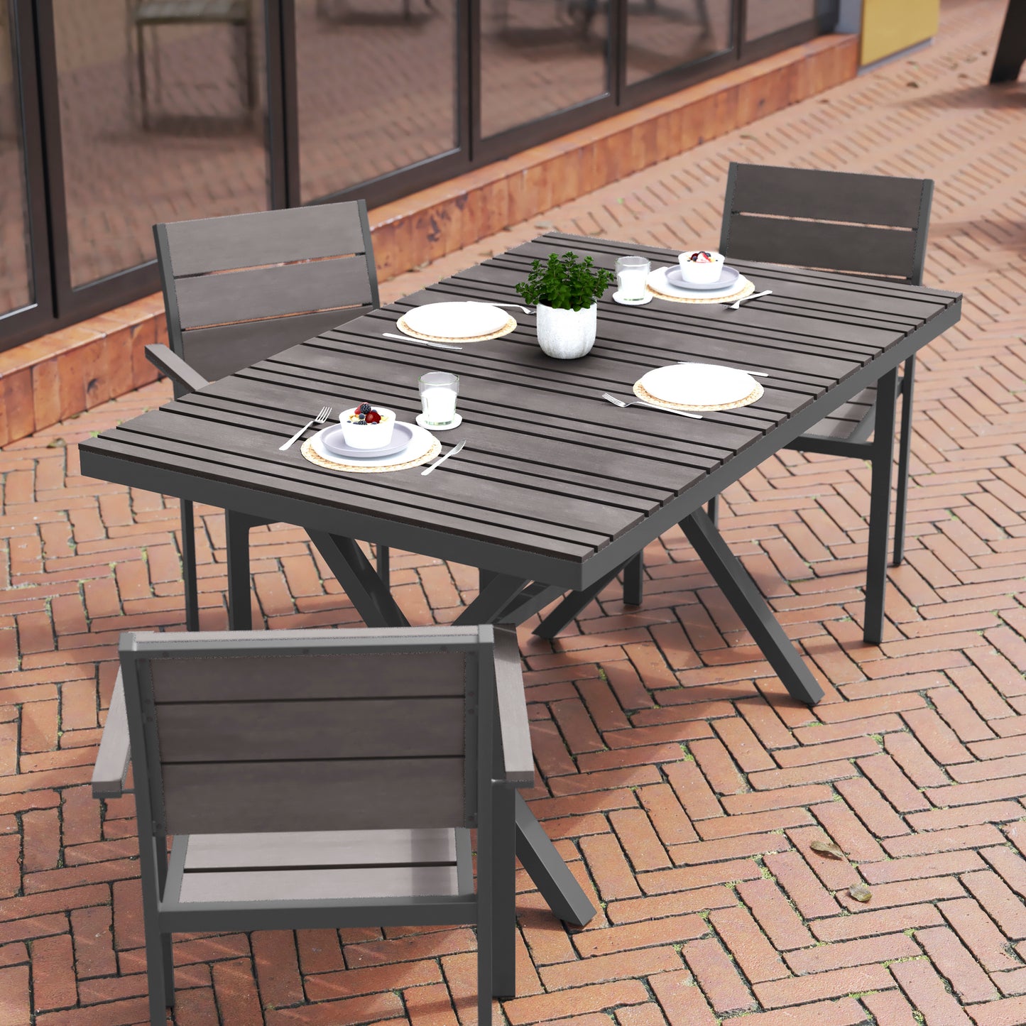 Finch Commercial Grade X-Frame Outdoor Dining Table 59" x 35.5" with Faux Teak Poly Slats and Metal Frame, Gray/Gray Gray Top/Gray Frame